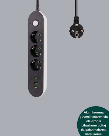 2 Metre Kablolu 3 Usb Portlu Anahtarlı Üçlü Priz