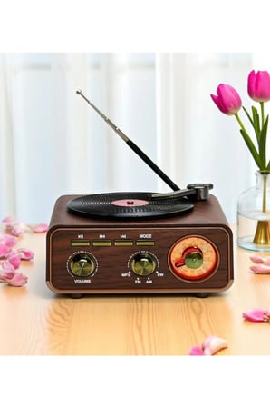 Nostaljik Tasarım Plak Çalar Görünümlü Radyolu Bluetooth Hoparlör Retro Müzik Plak