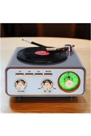 Metalik Nostaljik Tasarım Plak Çalar Görünümlü Radyolu Bluetooth Hoparlör Retro Müzik Plak