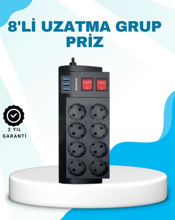 Isıya Dayanıklı Termal Akım Korumalı 8'li Priz Ve 3 Usb Girişli Uzatma Kablosu