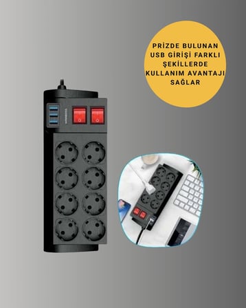 Isıya Dayanıklı Termal Akım Korumalı 8'li Priz Ve 3 Usb Girişli Uzatma Kablosu