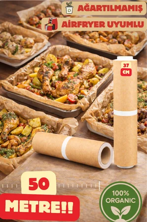 Kraft Pişirme Kağıdı 37 cm x 50 m Doğal Ağartılmamış Doğal Kokusuz Rulo Pişirme Kağıdı