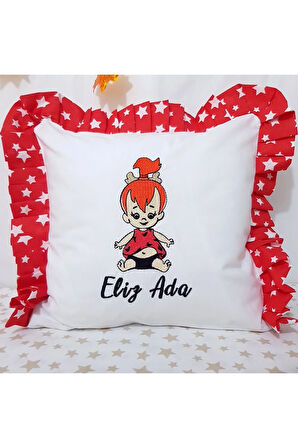 Bebek İsimli Nakışlı Kırlent 40x40 cm Takı Yastığı İçi Dolgulu Fırfırlı