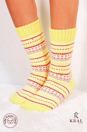 Özel Üretim (2 Çift) Kalın %100 Yün Kışlık Çizgili - Motif Desenli Çorap