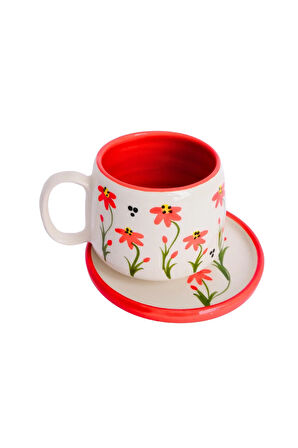 Kırmızı Çiçek Desenli Tabaklı Double Seramik El Yapımı Kupa, Seramik Kupa, Handmade, Kahve Kupası