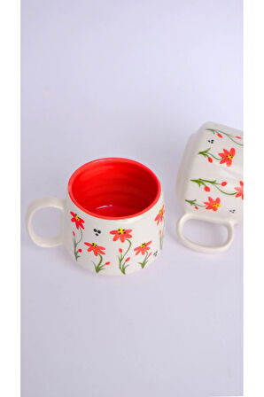 Kırmızı Çiçek Desenli Tabaklı Double Seramik El Yapımı Kupa, Seramik Kupa, Handmade, Kahve Kupası