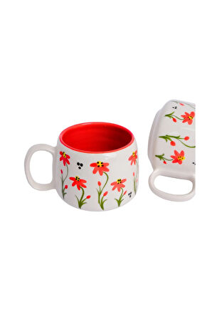 Kırmızı Çiçek Desenli Tabaklı Double Seramik El Yapımı Kupa, Seramik Kupa, Handmade, Kahve Kupası