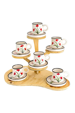 6’lı Takım Kırmızı Çiçek Desenli El Yapımı kazan Seramik Kahve Fincanı, Kahve Fincanı