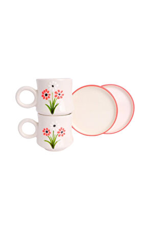 6’lı Takım Kırmızı Papatya Desenli,  El Yapımı kazan Seramik Kahve Fincanı, Kahve Fincanı, Hand made