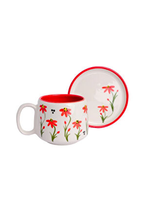 Kırmızı Çiçek Desenli Tabaklı Double Seramik El Yapımı Kupa, Seramik Kupa, Handmade, Kahve Kupası