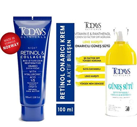 TODAYS CLİNİCALS Onarıcı Krem - Retinol 100 ml + Güneş Sütü 50 + Spf Yüksek Koruma Leke Karşıtı 100 ml