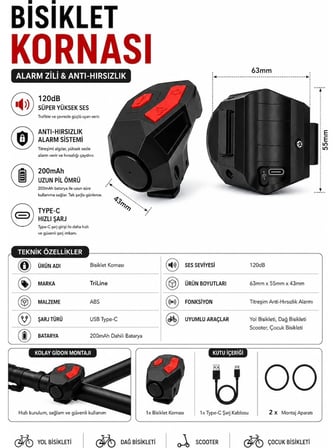 Kenly 120 Db USB Şarjlı Bisiklet Kornası Elektrikli Alarm Zili Anti Hırsızlık Scooter Uyumlu
