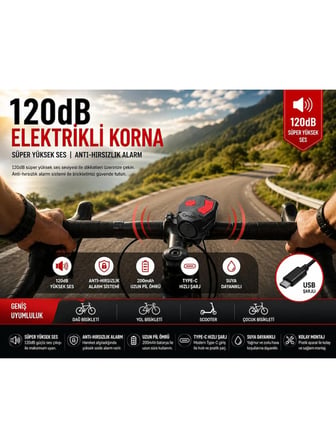 Kenly 120 Db USB Şarjlı Bisiklet Kornası Elektrikli Alarm Zili Anti Hırsızlık Scooter Uyumlu