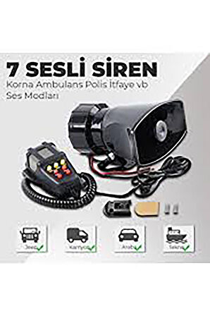 7 Sesli Mikrofonlu Megafon Siren 100 Watt Yuksek Sesli 12 Volt Uyumlu