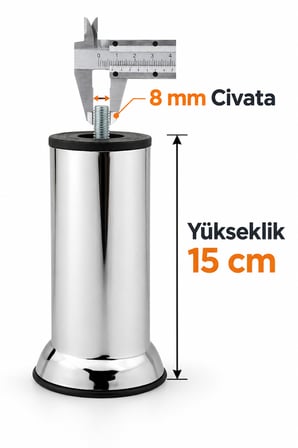 12 Adet Mobilya Kanepe Baza Koltuk Yatak Çekyat Destek Yükseltme Ayağı M8 15 Cm Krom Metal Ayakları