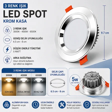 5 Watt Krom Kasa 3 Renkli Led Spot Beyaz-Günışığı-Sarı Işık (Video'lu)