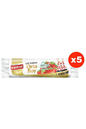 Ekstra Güçlü Çilek Büzgülü Orta Boy 15li Çöp Torbası X 5 Paket (55*60 Cm)