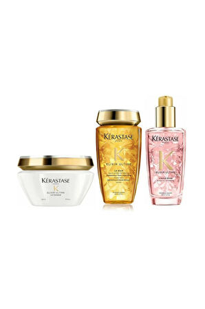 KERASTASE Elixir Ultime Le Bain Saç Banyosu 250 ml  Ultime Le Masque 200 ml  Ultime L'huile Rose Yağ 100 lm