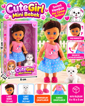 Bezos Beyaz Köpekli ve Kumral Mini Bebek KRT