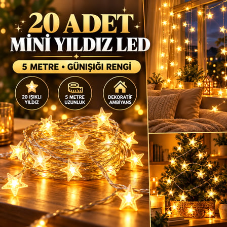 Bezos 20 Adet Mini Yıldız Led 5 Metre Günışığı Rengi Dekoratif Led KRT