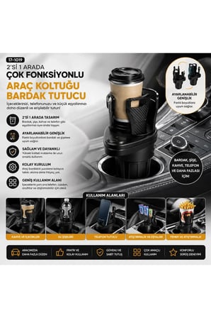 Araç İçi Çok Fonksiyonlu Bardak Tutucu - 2 Bölmeli 360° Dönebilen - Genişleyebilir Üst Hazne - Stand