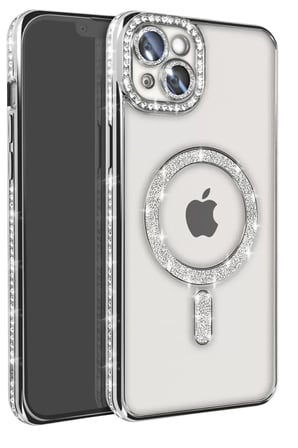 Newface Apple iPhone 15 Kılıf Joke Simli Magneticsafe Kılıf - Gümüş