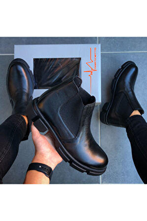 Hakiki Deri Siyah Günlük Erkek Bot Chelsea