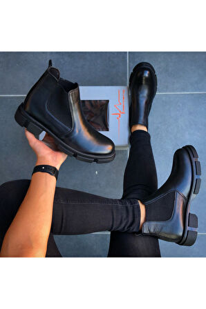 Hakiki Deri Siyah Günlük Erkek Bot Chelsea