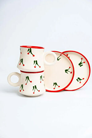 2’li Takım Kirazlı Desenli El Yapımı kazan Seramik Kahve Fincanı, Kahve Fincanı