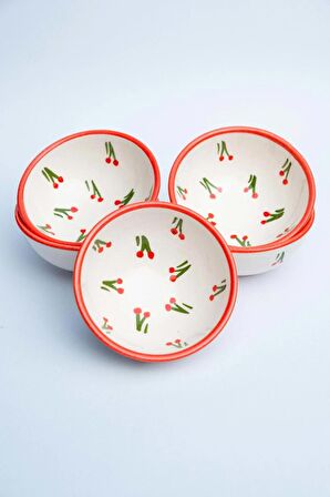 6 Adet Kiraz desenli 8 cm Seramik Çerezlik Sosluk Reçellik Kahvaltılık Sunumluk Kase,hand made
