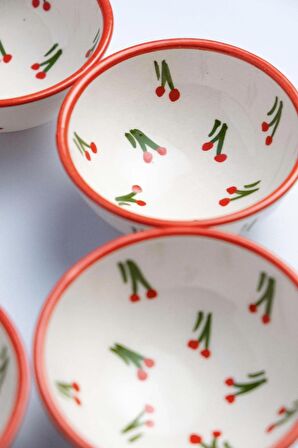 6 Adet Kiraz desenli 8 cm Seramik Çerezlik Sosluk Reçellik Kahvaltılık Sunumluk Kase,hand made