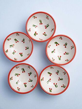 6 Adet Kiraz desenli 8 cm Seramik Çerezlik Sosluk Reçellik Kahvaltılık Sunumluk Kase,hand made