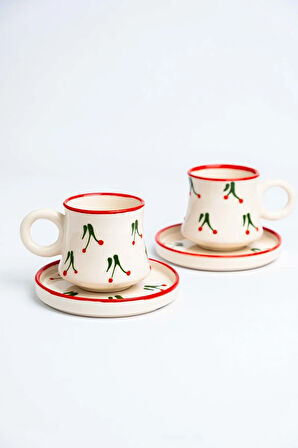 6’lı Takım Beyaz Kiraz Desenli El Yapımı kazan Seramik Kahve Fincanı, Kahve Fincanı