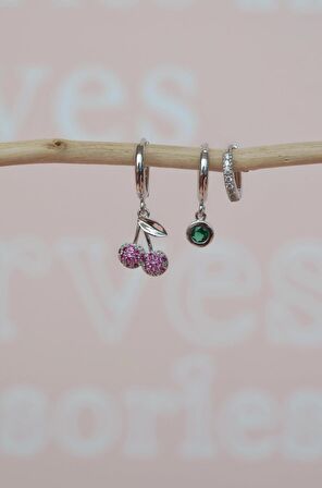 Kiraz Detaylı 3'lü Küpe Seti Gümüş Renk