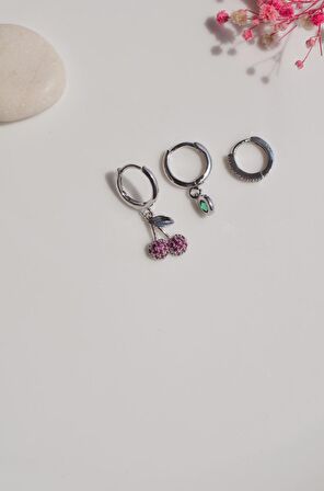 Kiraz Detaylı 3'lü Küpe Seti Gümüş Renk