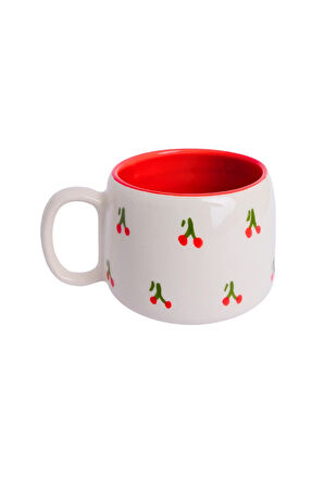 Beyaz Kiraz Desenli Tabaklı Double Seramik El Yapımı Kupa, Seramik Kupa, Handmade, Kahve Kupası