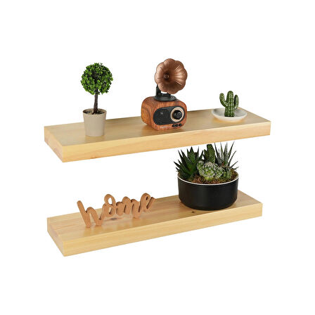 Uçan Raf Çam Ahşap Masif Ofis Mutfak Salon Kitaplık Uyumlu Modern Dekoratif Gizli Bağlantılı 2'li 60 Cm