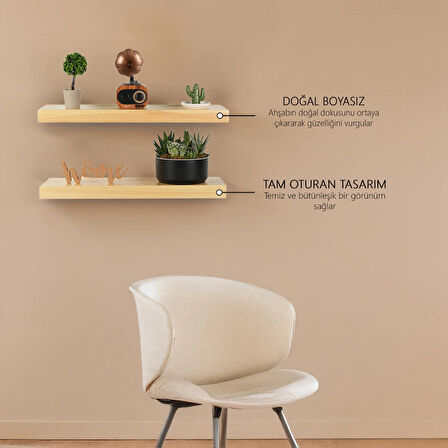 Uçan Raf Çam Ahşap Masif Ofis Mutfak Salon Kitaplık Uyumlu Modern Dekoratif Gizli Bağlantılı 2'li 60 Cm