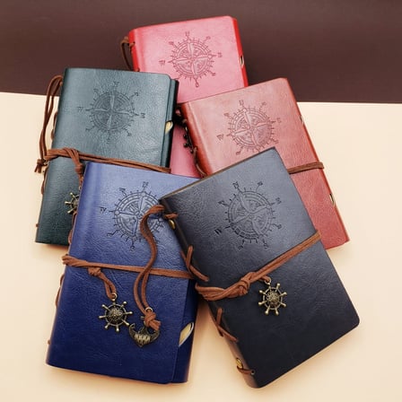 Nostaljik Obje Çizgisiz Not Defteri Yazı Aracı Küçük Boy Pusula Baskılı Deri Defter