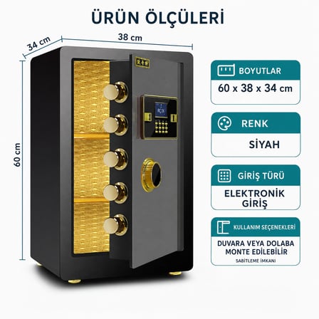 60 cm Elektronik Şifreli Çelik Kasa – Dijital Ekranlı, Güvenlikli, Duvar ve Dolap Montajlı, Siyah