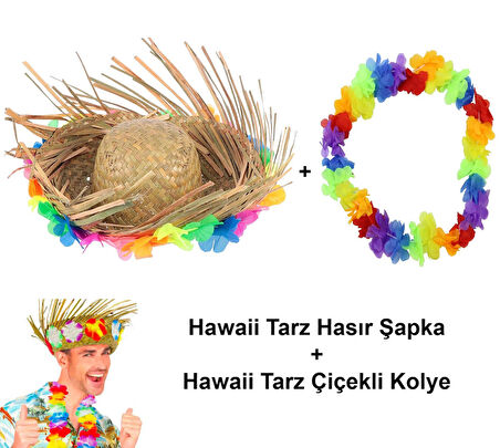 Leyloş Hawaii Tarzı Set - Tropikal Çiçekli Hasır Şapka Ve Çiçekli Hawaii Kolye