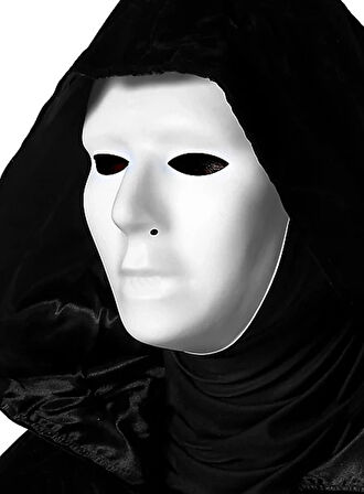Leyloş Siyah Kapüşonlu 120 Cm Pelerin Ve Beyaz Boyanabilir Tam Yüz Maske
