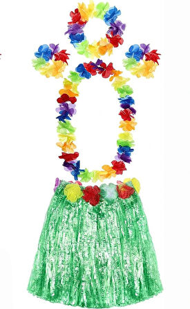 Leyloş Yetışkın Ve Çocuk Uyumlu Luau Aloha Hawaıı Yeşıl Etek Ve Renklı Kolye Taç 2 Adet Bıleklık Setı