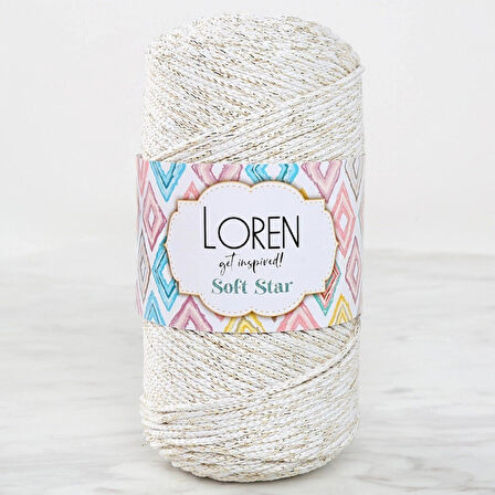 Loren Soft Star Makrome İpi Sarı Simli Krem Rm103