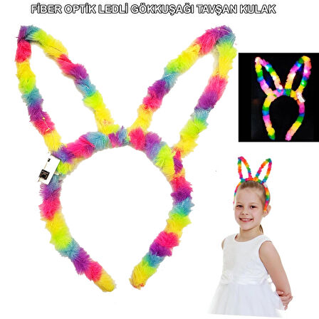 Leyloş Fiber Optik Led Gökkuşağı Tavşan Kulak