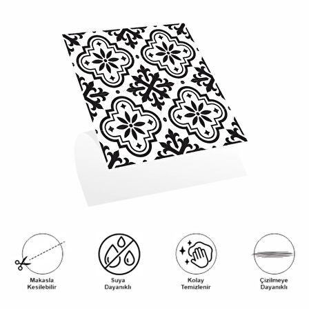 Leyloş Decohandy  Pvc Duvar Karosu 30x30cm 4'lü Paket - Siyah Beyaz Çini Desen  0,36m2