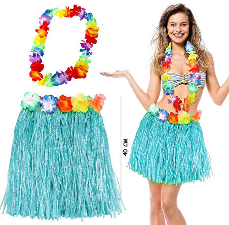 Leyloş Hawaii Luau Aloha Mavi Püsküllü 40 Cm Etek Ve Hawaii Kolye Seti