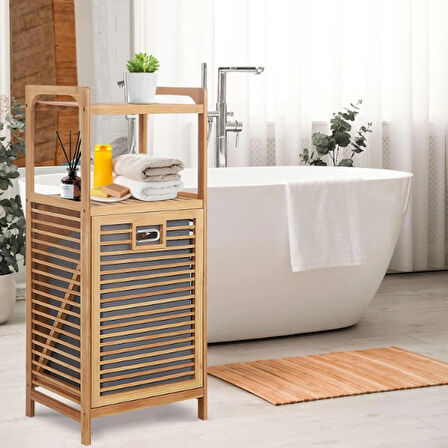 Leyloş 2 Organizer Raflı Ahşap Bambu Çek-aç Kirli Sepeti