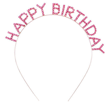 Leyloş Pembe Kristal Taşlı Gold Happy Birthday Taçı