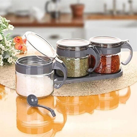 Buffer® Gri  3lü Standlı Kapaklı Kaşıklı Cam Hava Sızdırmaz Baharatlık Takımı Kc-386